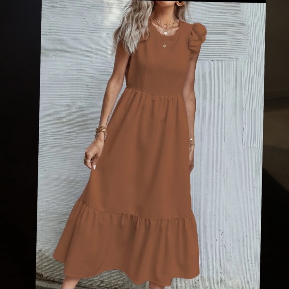 Sold on mercari.  SHEIN Tiered Ruffled Midi Dress in Brown, Size Small, EUC - Picture 7 of 17